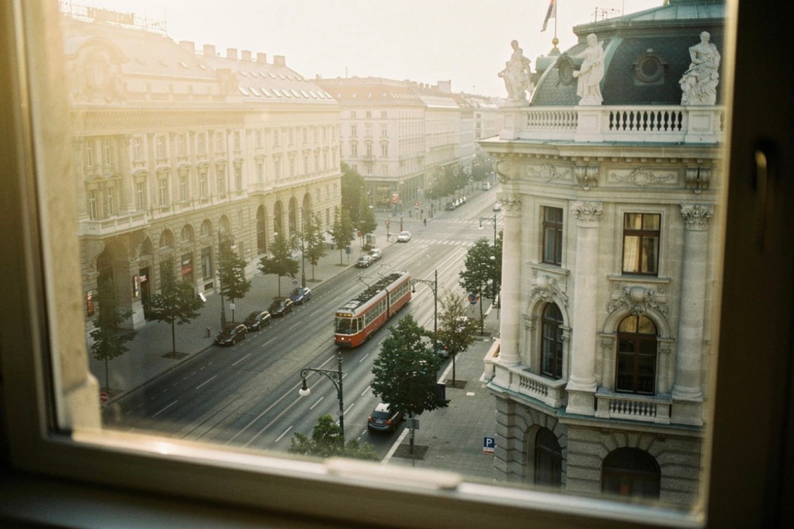The Ringstrasse in Vienna at golden hour, seen from a window, with a red tram passing.